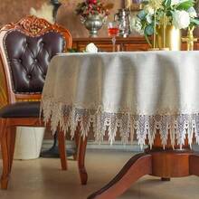 1pc Elegant Lace Linen Solid Color Round Tablecloth, Home Table Cover, Dressing Table Scarf, Suitable For Home Kitchen Decor - Beige - View 11
