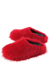 Womens Faux Fur Slippers Round Toe Fuzzy Fluffy Flat Warm Furry Bedroom Slipper Home Slides Thick Plush Indoor Outdoor Flat Summer Sandals For Women - 紅毛 - 查看 7
