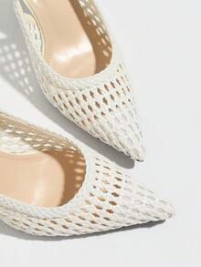 Zapatos de tacón alto para mujer primavera/verano nuevos con punta fina y tacón de aguja, tejidos huecos transpirables, elegantes, versátiles y cómodos para uso diario & fiestas - Blanco - Ver 4