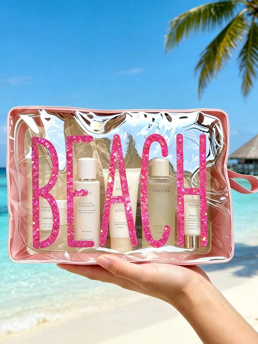 彩色透明化妝包文具收納袋，印有亮片字母 BEACH，防水透明拉鍊旅行盥洗包，便攜式化妝收納袋，適合女性，可收納化妝品、盥洗用品及旅行必需品，適用於日常、度假、出差、健身、海邊，適合學生、旅者及美妝愛好者，適合夏季假期、生日及伴娘禮物，可用作化妝包或盥洗包，開學季禮物