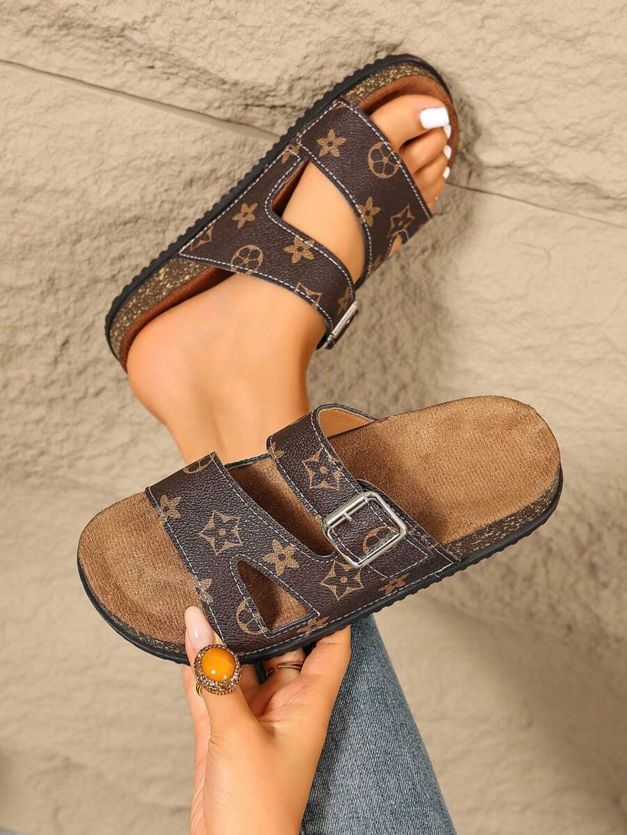 Women's Buckle Flats Sandals Dressy Double Strap Punk Open Toe Summer Beach Vacation Slides Sandals - Brown - View 1