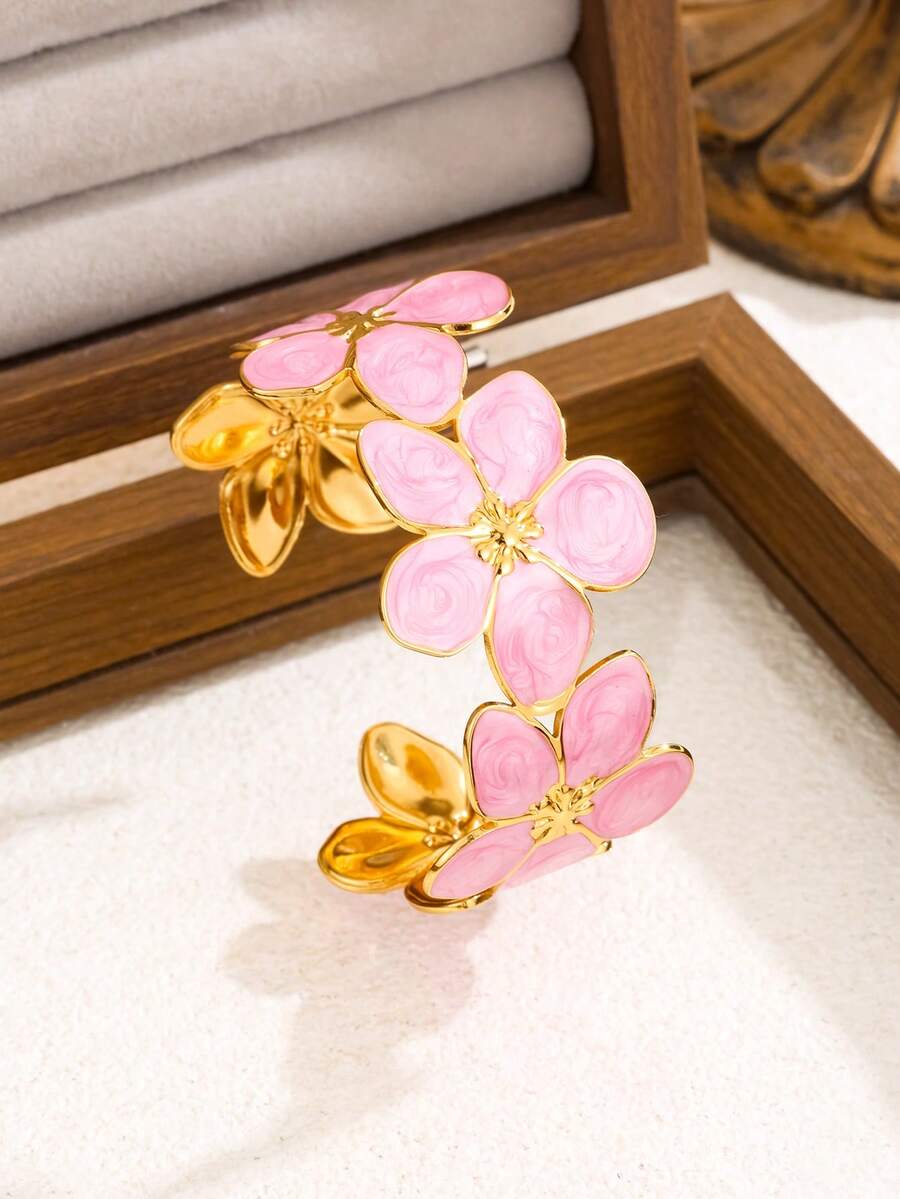 1pc Romantic Colorful Enamel Flower Stainless Steel Bangle Bracelet, Suitable For Women's Wedding Or Travel Wear, Also As A Valentine's Day Gift For Loved Ones - Yellow Gold - View 1