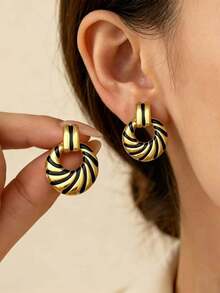 1 Pair Elegant Black & Gold Round Earrings, 5 Pairs Minimalist Luxury Casual Earrings, Geometric Design, Versatile Elegant Women's Earrings - Multicolor - View 8