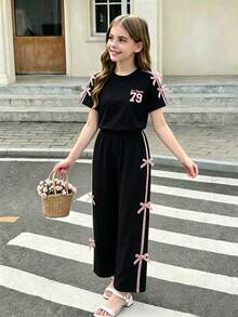 Tween Girl Numeric Print Round Neck Short Sleeve Top And Pants Set - Black - View 1