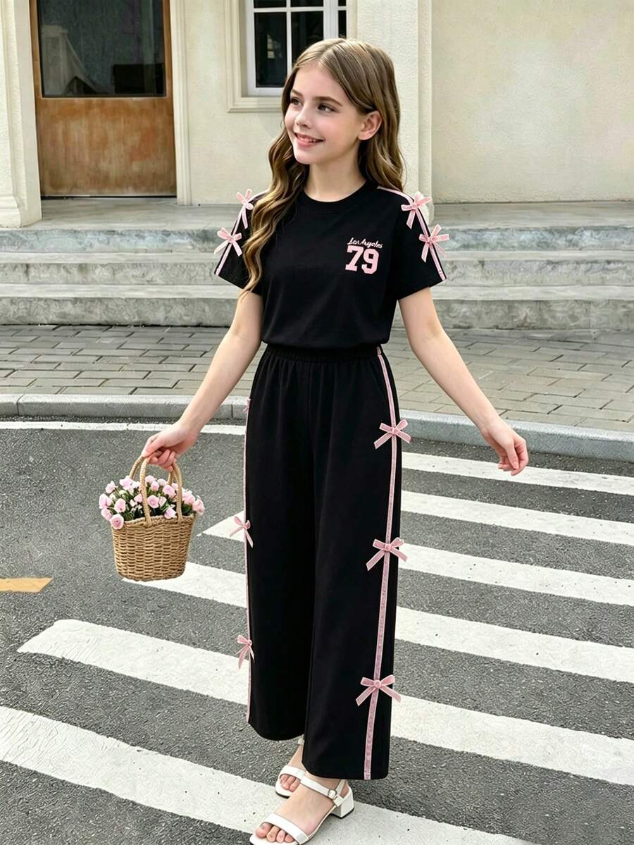 Tween Girl Numeric Print Round Neck Short Sleeve Top And Pants Set - Black - View 1