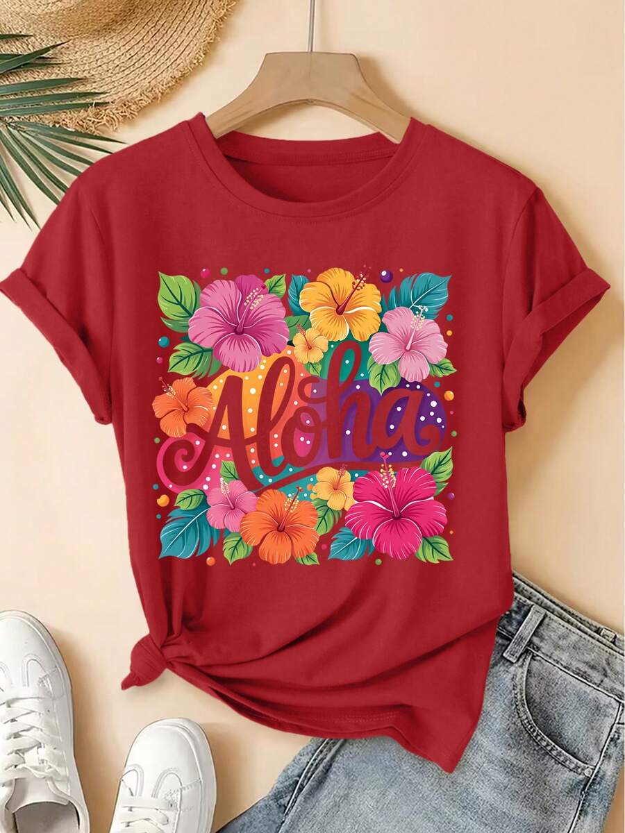 Women's Fashion Clothing 2026, Vintage Short Sleeve T-Shirt With Round Neck And Colorful Tropical Hibiscus Flower Print Aloha, Fresh Forest Style, Loose Top, Elegant Fashion - 酒紅色 - 查看 1