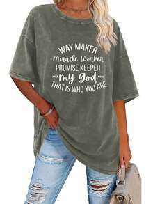 2026 Pure Cotton T-Shirt With "My God" Print, Women's Summer Fashion, High-Quality Vintage Washed Cotton T-Shirt, 230g Thick, Urban Vintage Style, Round Neck And M - 咖啡色 - 查看 6