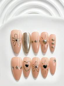 10pcs Sweet Cool Style Handmade Press-On Nails, Polymer Nail Tips Set, Small Flower Heart Pattern, Gold Nail Polish, Exquisite Elegant Style, Includes Manicure Tools, 3 Sizes Available (Square, Short Square, Almond), Suitable For Parties, Dancing, Daily Wear - 彩色 - 查看 19