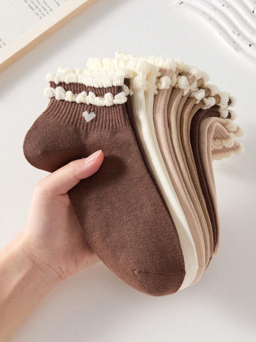20/10/5 Pairs Heart Pattern Maillard Color Cute Women's Bubble Lace Short Socks, Comfortable Breathable Moisture-Wicking, Suitable For Sports And Casual Wear - Brown - View 1