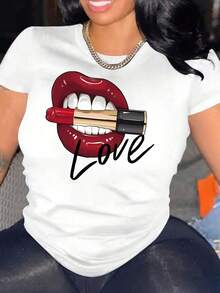 Camiseta casual de mujer de cuello redondo y manga corta con estampado de letras y labios - Blanco - Ver 2