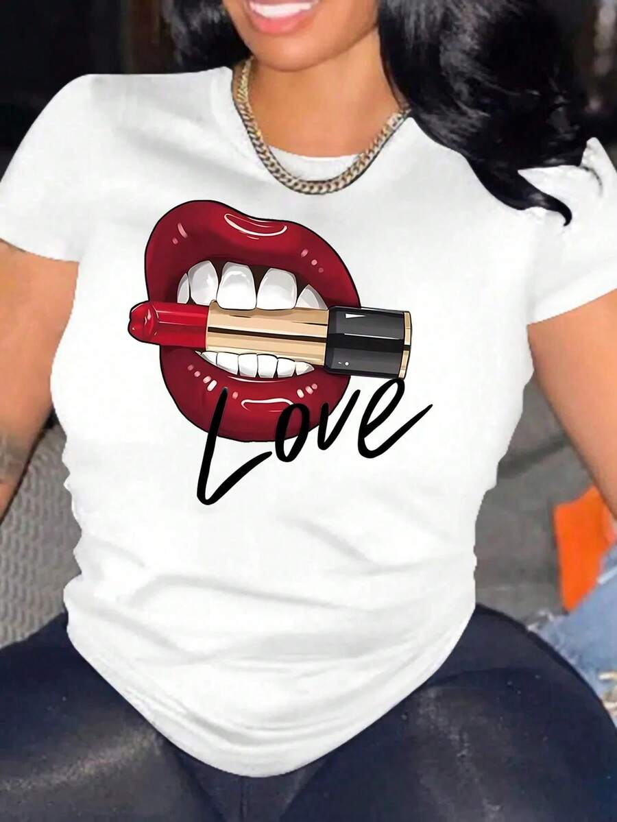 Camiseta casual de mujer de cuello redondo y manga corta con estampado de letras y labios