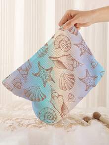 1pc Portable Cosmetic Storage Bag Ocean Series Shell & Starfish Pattern Double-Sided Print Travel Zipper Makeup Pouch Multifunctional Toiletry Organizer - Multicolor - View 6