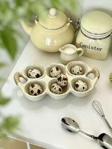 1pc Vintage Distressed Rope Handle 6-Slot Ceramic Egg Storage Tray, Rustic Coarse Pottery Egg Freshness Tray, Home Refrigerator Kitchen Egg Storage Rack, Ins Japanese Style Baking Platter Tableware Breakfast Storage Decor Soft Furnishing Gift Container, Fresh Egg Storage, Kitchen Tabletop Decoration, Viral Same-Style Daily Kitchenware - Multicolor - View 11