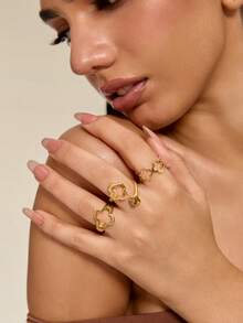 Altistry 3pcs Alloy Floral Hollow Out Ring Set With Metal Plating For Lasting Color Retention - Yellow Gold - View 5