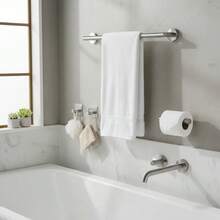 Set Of 5 Brushed Nickel Stainless Steel Wall Mounted Towel Rails With 2 Hooks For Bathroom, Towel Racks And Toilet Roll Holders - 拉絲鎳 - 查看 7