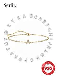 SYMFNY 1pc 925 Sterling Silver Minimalist Cubic Zirconia 26 Letters A-Z Bracelet - Yellow Gold - View 3