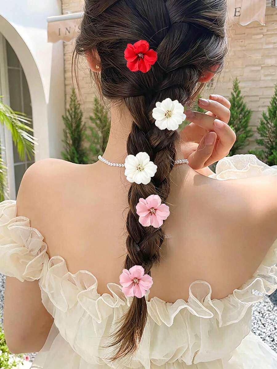 5件組人造美人蕉花髮夾，新娘婚禮造型髮飾，可愛瀏海側夾，適合女孩，夏季海灘度假日常使用 - 多色4 - 查看 1