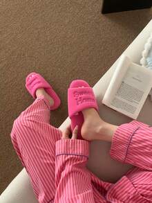 XIXITIAO Letter Embroidered Couple Slippers Four Seasons Universal Silent Home Floor Shoes Breathable Lightweight Thin Sole Slip-On - Hot Pink - View 9