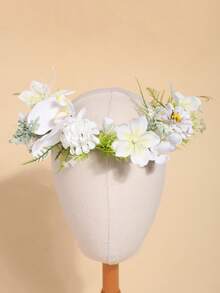 1pc Girls European And American Mori Style Artificial Flower Wreath, Faux Pleated Rose Bud & Hydrangea & Begonia Flower Crown, Aesthetic Floral Hair Accessory With Adjustable Satin Ribbon, Suitable For Beach Outings And Photoshoots - Beige - View 5