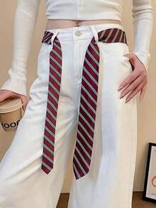 1pc Bright Red Handmade Tie, Women's Fashion Headband & JK Uniform Accessory, Slim Long Striped Design School - Multicolor - View 3