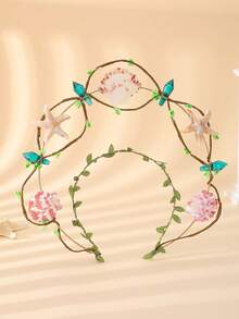 Diadema de corona de hojas con estrella de mar y concha natural, guirnalda de cabello con enredadera verde y cristales estilo boho, tocado de sirena para boda en la playa, fiesta de cosplay y vacaciones - Multicolor - Ver 9