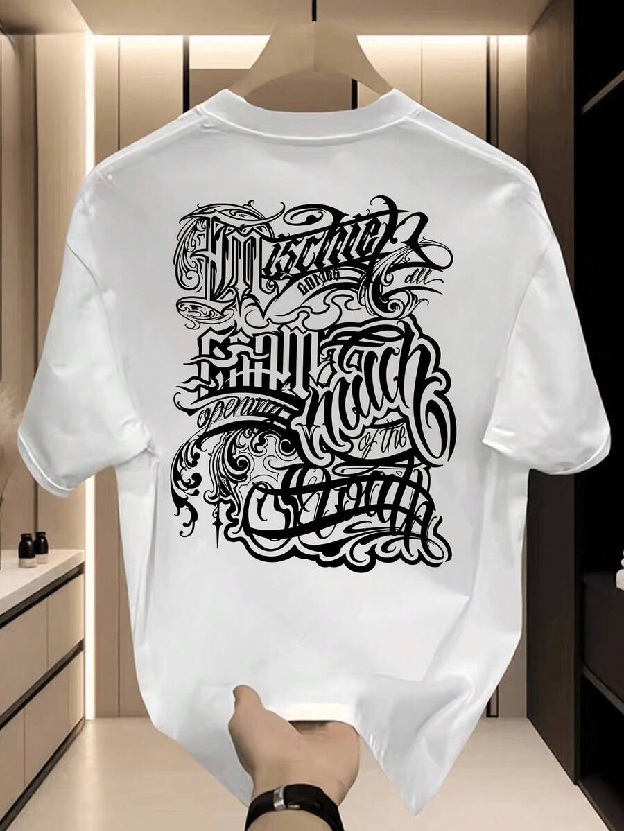Men's Pure Cotton Short-Sleeved T-Shirt, Fashionable Calligraphy Print, Gothic Design, Breathable And Comfortable, Suitable For Daily Wear - 白色 - 查看 1
