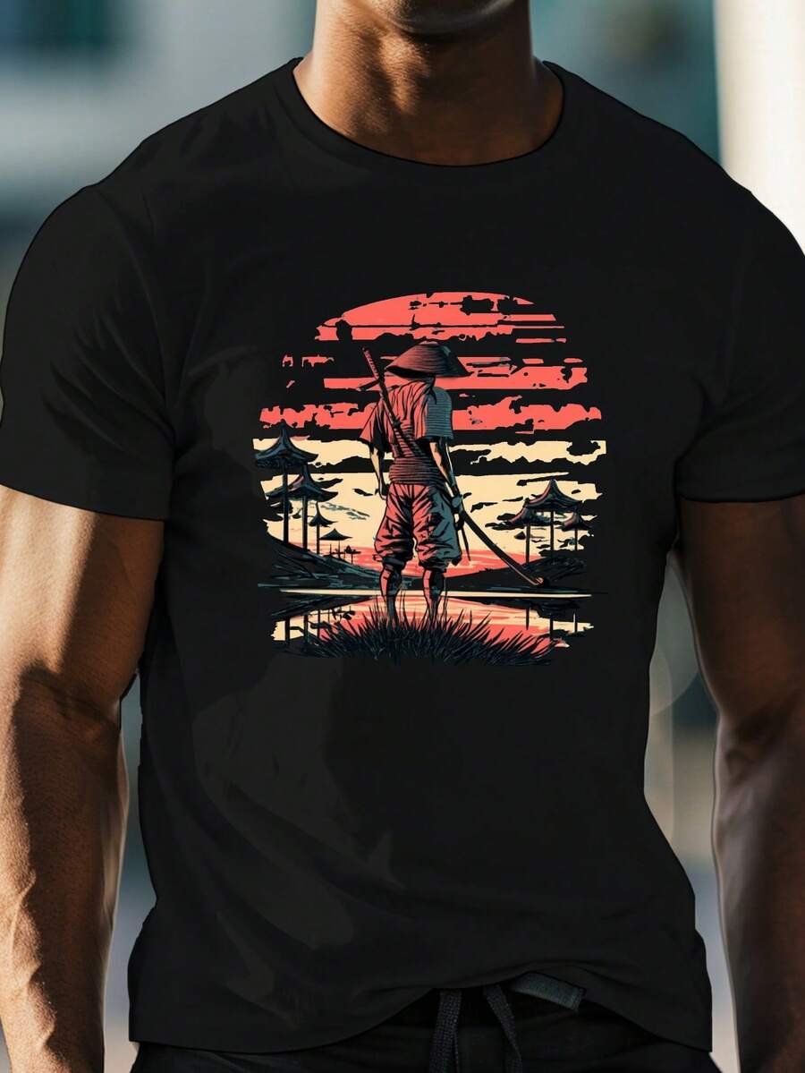 Men's T-Shirt With Samur Shadow Anime Warrior Print, Casual Short-Sleeved Top With Round Neck, 100% Pure Cotton, Slightly Stretchy, Regular Fit, See-Through T-Shirt - 黑色 - 查看 1