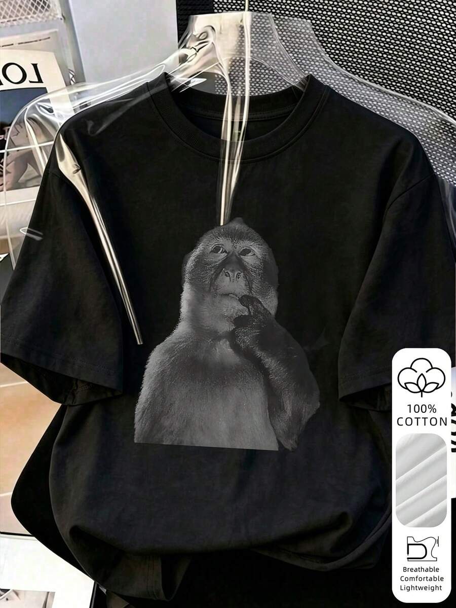 這款柔軟棉質寬鬆版型T恤印有俏皮猴子圖案,街頭風風格,適合聚會、校園與居家穿著,休閒黑色 - 黑色 - 查看 1