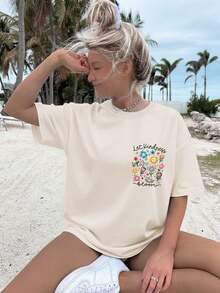 [Impresión a doble cara] Ropa de primavera/verano para mujer, estilo divertido, estampados florales y de corazones, estampado "Let kindness bloom", al100% algodón, estampado en ambos lados - Albaricoque - Ver 3