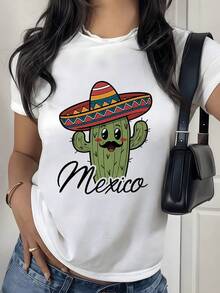 Cactus sonriente con sombrero multicolor que simboliza la alegría mexicana y la conexión con la naturaleza camiseta para mujer 100% algodón cómoda y divertida para uso diario - Blanco - Ver 1