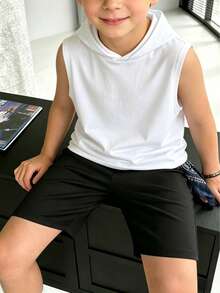 Tween Boys Sleeveless Hooded T-Shirt, Stylish Casual, Solid Color Versatile, Fashion Top, Suitable For Travel, Vacation, Camping, Birthday Gift, Great For Outdoor - White - View 1