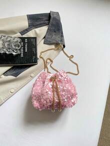 Pink All-Over Sequin Drawstring Mini Bucket Bag, Exquisite Metal Chain Shoulder Bag, Niche Party Evening Clutch - Pink - View 7