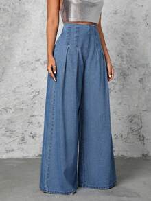 Jeans de cintura alta y pierna ancha para mujer - Azul - Ver 10