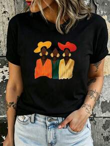 T-shirt de couleur unie pour femmes, Top décontracté à manches courtes avec graphique d'art de portrait, vêtement confortable pour les vacances d'été - Vêtements de vacances - Coton noir - Noir - Voir 4