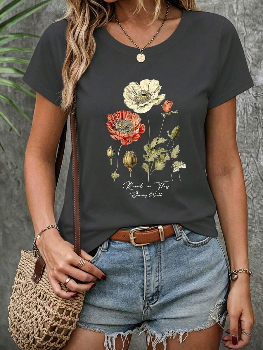 K, Local Spring/Summer Urban Fashion. Women's Blouses, Women's T-Shirts. 180g (S-XXXL) Women's Oversized T-Shirt "Poppy Flowers" - Dark Gray With Vintage Floral Print And Inspirational Phrase - 深灰色 - 查看 1