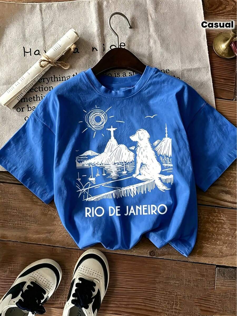 1 Piece Casual Fashion For Men And Women 100% Women's January Rio T-Shirt, Brazil, With Outstanding Features Dog Lover Print, Casual Holiday Short Sleeve Top, Women's Easter Clothing Set - 藍色 - 查看 1