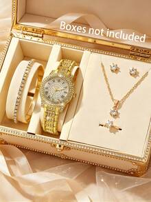 1pc Gold Diamond Watch With 5pcs Fashion Accessories Set, Versatile For Daily Wear, Suitable For Holiday Parties And Various Occasions - Gold - View 2