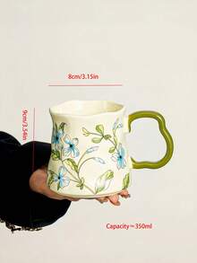 1 peça Chávena de café de cerâmica com flor azul e folha verde, chávena de cerâmica assimétrica de estilo europeu, chávena de café, caneca, chávena de café latte, design fresco, chávena de leite para pequeno-almoço em casa, chávena de sumo, chávena para bebidas frias, chávena de chá com leite, chávena de presente, utensílios para beber - Multicolorido - Ver 3