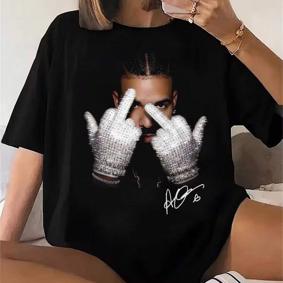 Y2K Graphic Vintage Tee Drake Rhinestone Glove Black Cotton T-Shirt Full Size S-5XL - Black - View 1