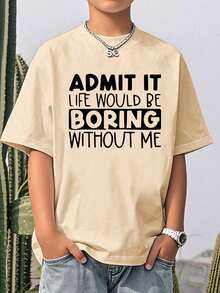 Camiseta de manga corta con cuello redondo y estampado gráfico casual para niños y adolescentes, top de verano - Gris - Ver 1