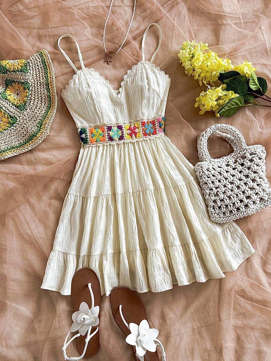 Vestido sin mangas con cuello en V con parches de encaje floral, patrón de punto y bloque de color en la espalda, adecuado para vacaciones, citas, el Día de San Valentín, elé de la - Albaricoque - Ver 1