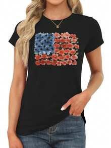 Floral USA Flag Shirt, 4th Of July Shirt, American Tee, 1776 Shirt, American Honor Shirt, Floral American Flag Shirt, Womens 4th Of July Tee - 黑色 - 查看 1