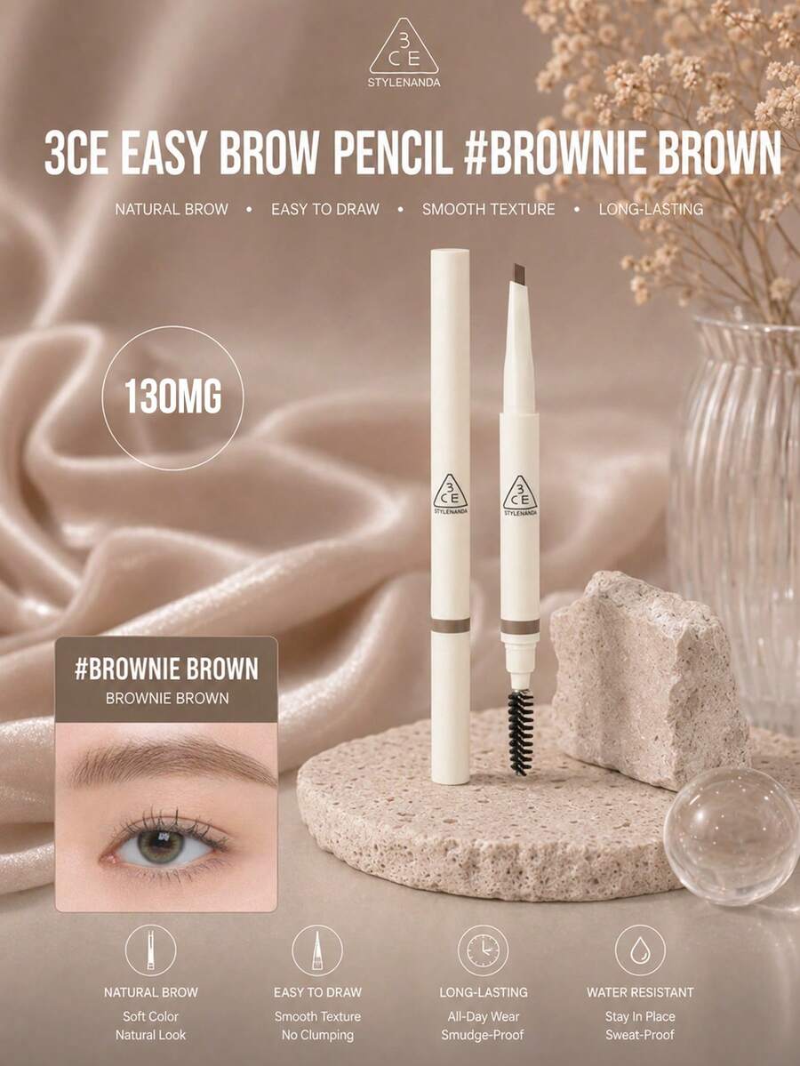 Pensil Alis 3CE Easy Shaping, #Deep Warm Brown 130mg, Dua ujung dengan kuas spiral. Bubuk halus, tidak menggumpal, tahan air, tahan keringat, dan tahan lama. Cocok untuk semua jenis kulit.