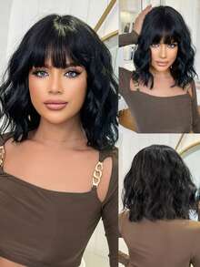 Burgundy Wavy Wig Shoulder Length Bob Wig With Neat Bangs Loose Wave Synthetic Wig For Women 12 Inch Music Festival - Multicolor - View 12