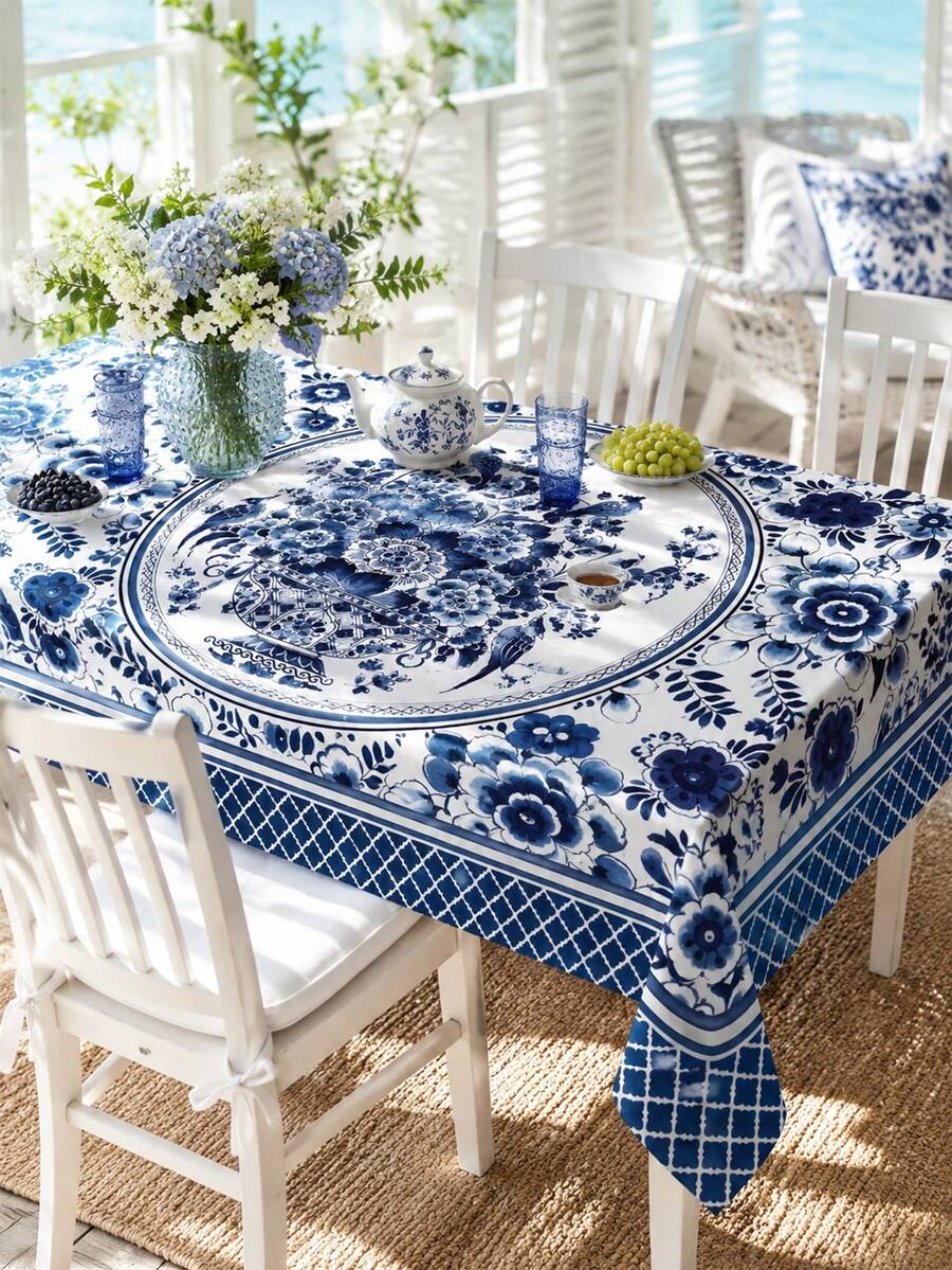 Multiple Sizes Available, Including Polyester Round/Rectangular Tablecloths, Blue And White Floral Pattern, Suitable For Kitchen, Wedding, Outdoor Party, Birthday, Spring, Summer, Autumn, Winter And Home Dining Table Decoration - Multicolor - View 1