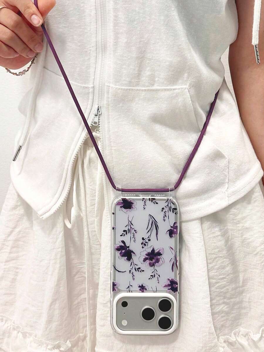 1件深紫色花卉葉片設計搭配1件紫色斜跨/肩帶，凸起相機鏡頭保護，2個掛繩孔，透明1.3mm TPU軟手機殼，適合徒步/戶外/女孩/閨蜜/朋友/禮物，相容 iPhone 17/17Pro/Air/17PROMAX/15Promax/15Pro/15Plus/11/12/12Promax/13/13Promax/14/14Promax/14Plus/16/16Pro/16Plus/16Promax