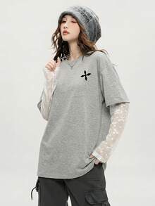 JUTU Spring Summer Autumn All Seasons 2 In 1 Mesh Sleeve Round Neck Loose New Lace Patchwork Sleeve Floral Print Grey T-Shirt Avant-Garde Casual - Medium Gray - View 1