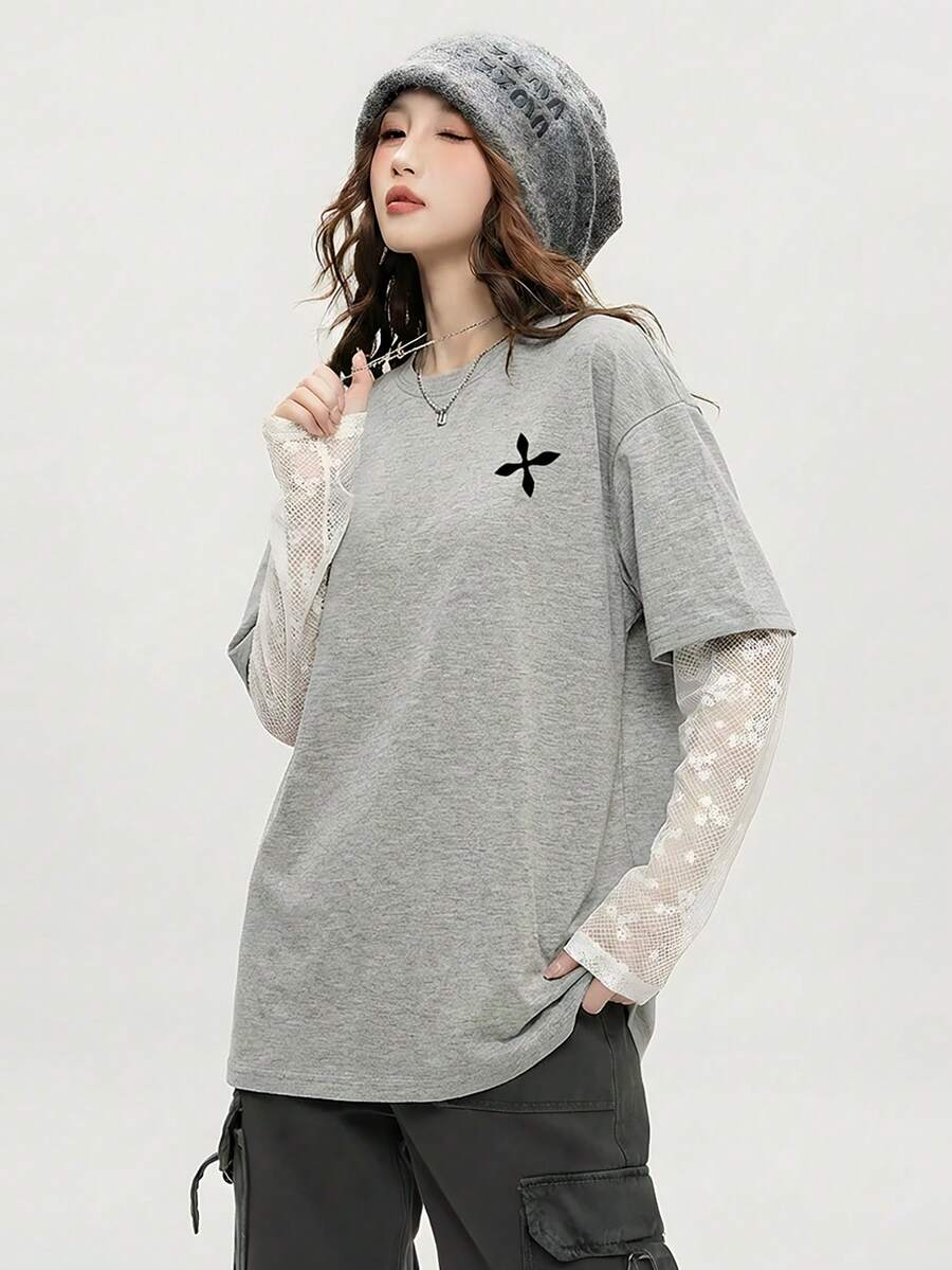JUTU Spring Summer Autumn All Seasons 2 In 1 Mesh Sleeve Round Neck Loose New Lace Patchwork Sleeve Floral Print Grey T-Shirt Avant-Garde Casual - Medium Gray - View 1