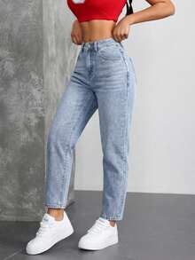 Jeans casuales tipo mom de mezclilla con bolsillos para mujer, para combinar con todo - Azul - Ver 1