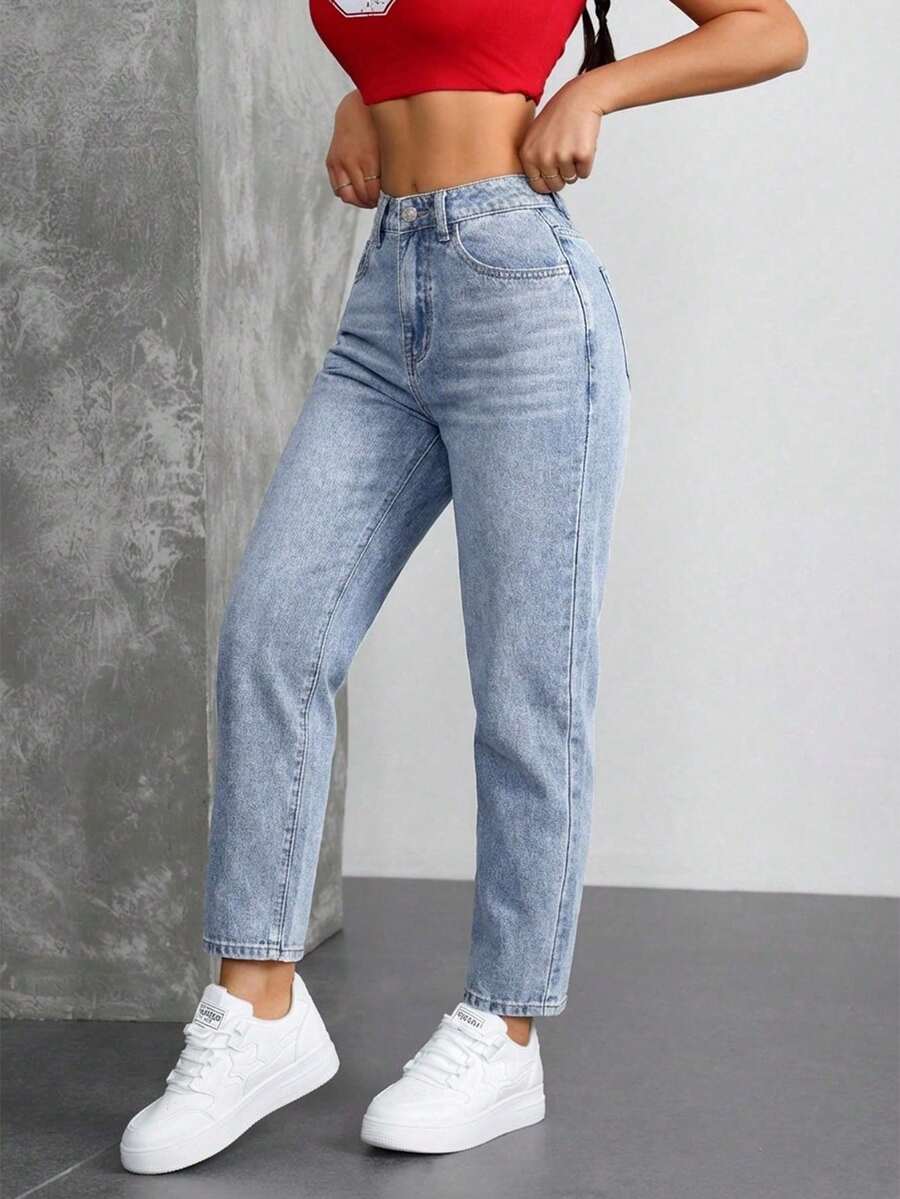 Jeans casuales tipo mom de mezclilla con bolsillos para mujer, para combinar con todo - Azul - Ver 1